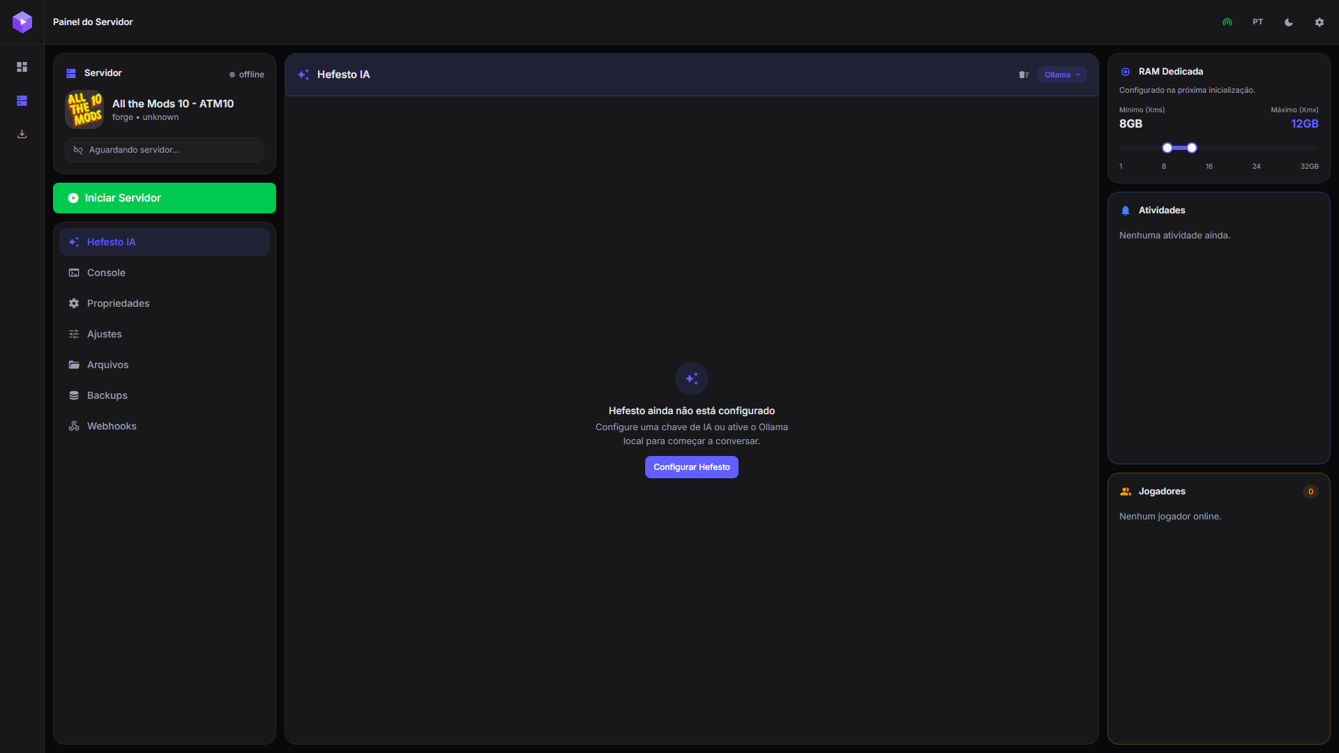 Painel de um servidor com abas na lateral, botão de estado e RAM dedicada por slider