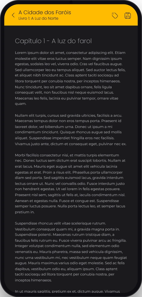 Editor de texto em modo escuro, organizado por capítulo