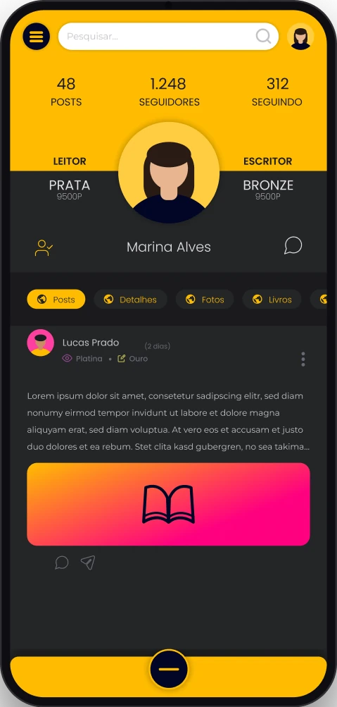 Perfil de usuário com pontos de leitor e de escritor e abas de posts, fotos e livros