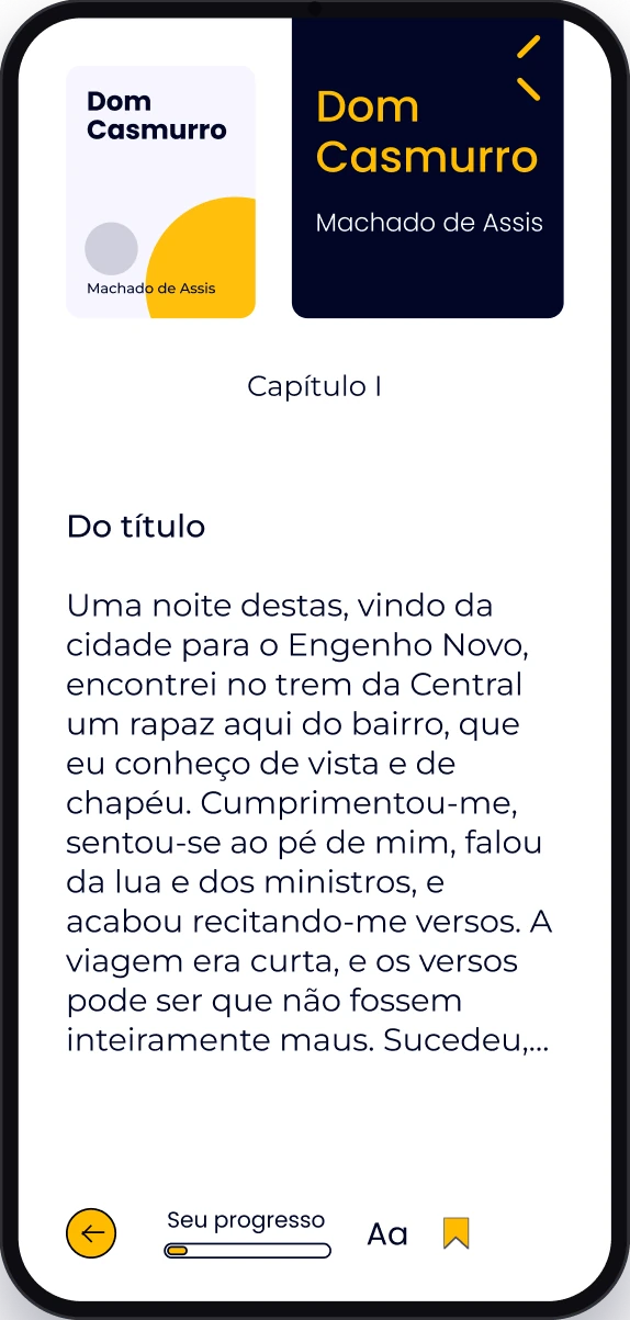 Tela de leitura em tema claro: capa de Dom Casmurro, o texto do capítulo I sobre fundo branco e a barra de progresso