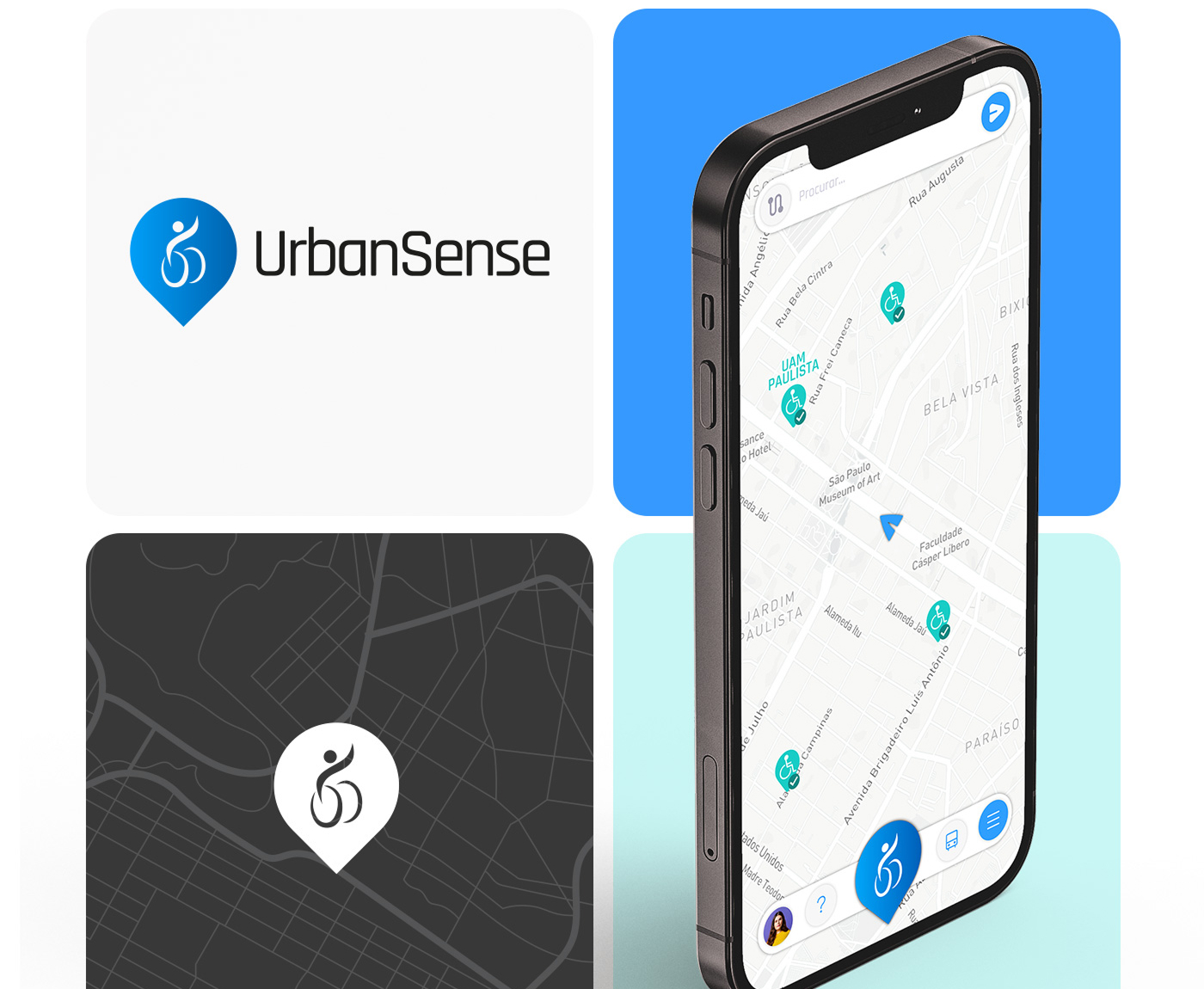 Telas do app UrbanSense — mapa de acessibilidade
